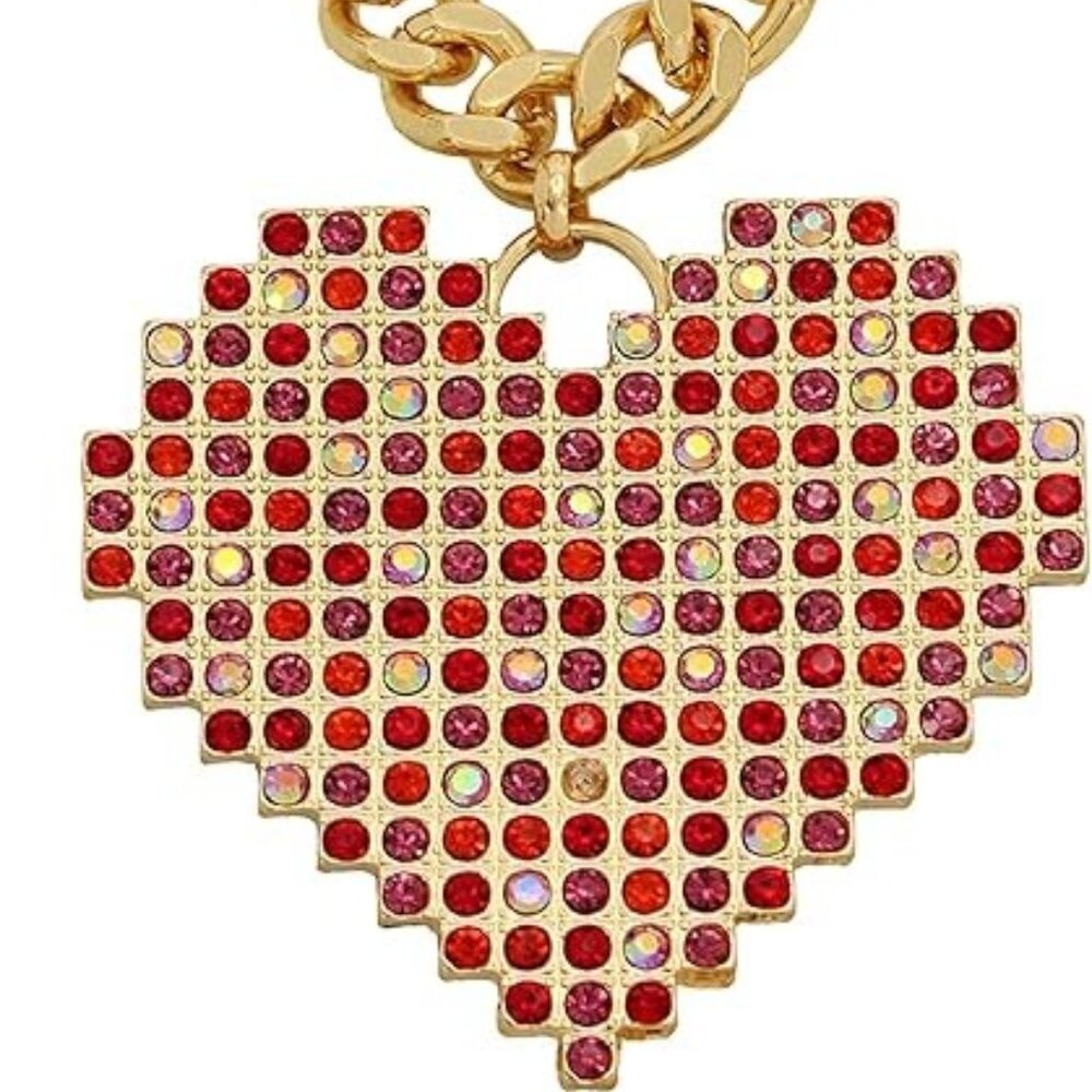 Betsey Johnson Pixel Pave Heart Necklace Pink Red Rhinestones Gold Tone NEW!